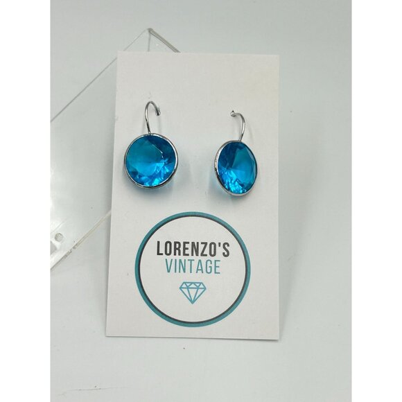 Sterling Silver Blue Earrings Crystal Round Drop Dangles Hook Earrings Aqua Blue - Picture 3 of 7